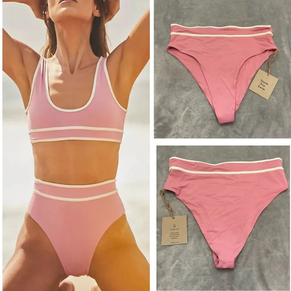 New! Stone Fox Juniper Swim Bikini Bottom Pink White 21489